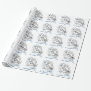Blauw vintage babyfeest inpakpapier