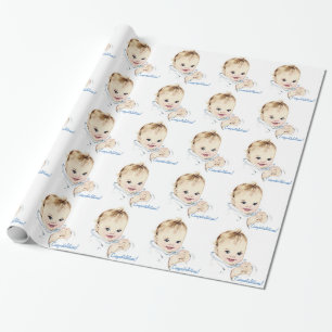 Blauw vintage babyfeest inpakpapier