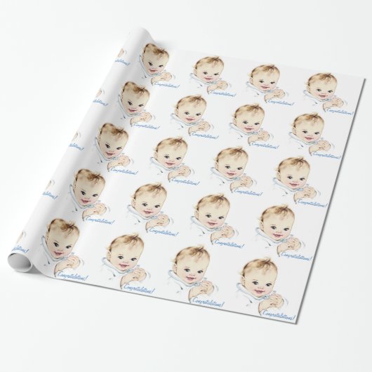 Blauw vintage babyfeest inpakpapier (Uitgerold)