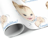 Blauw vintage babyfeest inpakpapier (Rol Hoek)
