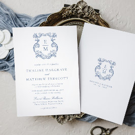 Blauw Vintage Barok Monogram Wapen Huwelijk Kaart