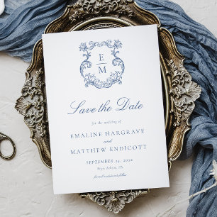 Blauw Vintage Barok Monogram Wapen Huwelijk Save The Date