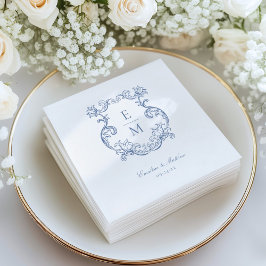 Blauw Vintage Barok Monogram Wapen Huwelijk Servet