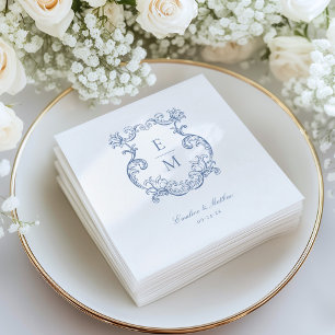 Blauw Vintage Barok Monogram Wapen Huwelijk Servet
