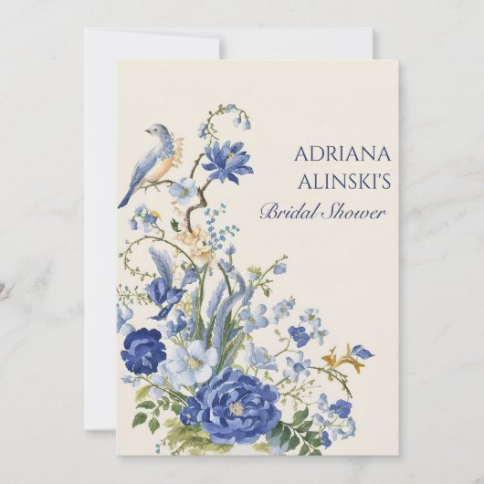 Blauw vintage bloem en vogel kaart (Voorkant)