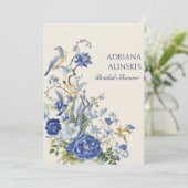 Blauw vintage bloem en vogel kaart (Staand voorkant)
