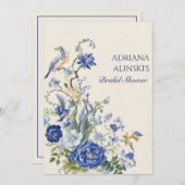 Blauw vintage bloem en vogel kaart (Voorkant / Achterkant)