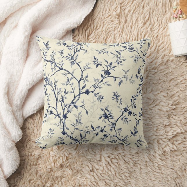Blauw Vintage Bloem Motief (1) Kussen (Deken)