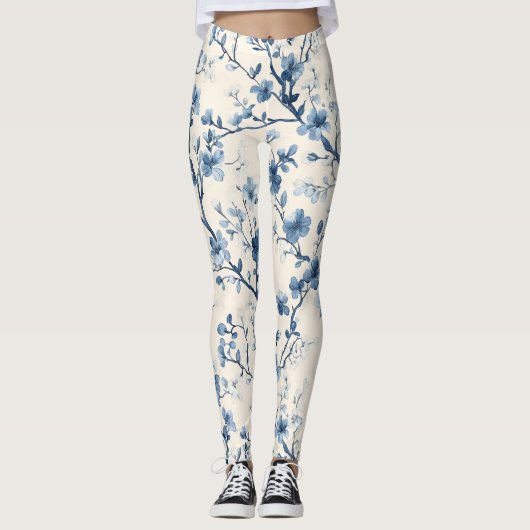 Blauw Vintage Bloem Motief (4) Leggings (Voorkant)