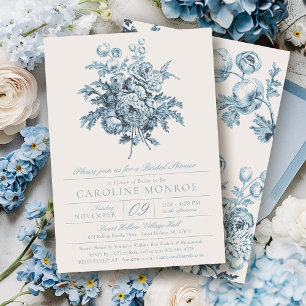 Blauw Vintage Bloem Motief Bruiloftsfeest Uitnodig Kaart