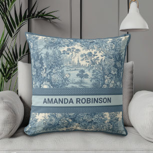 Blauw Vintage Bloem Motief Lake Toile Monogram Kussen