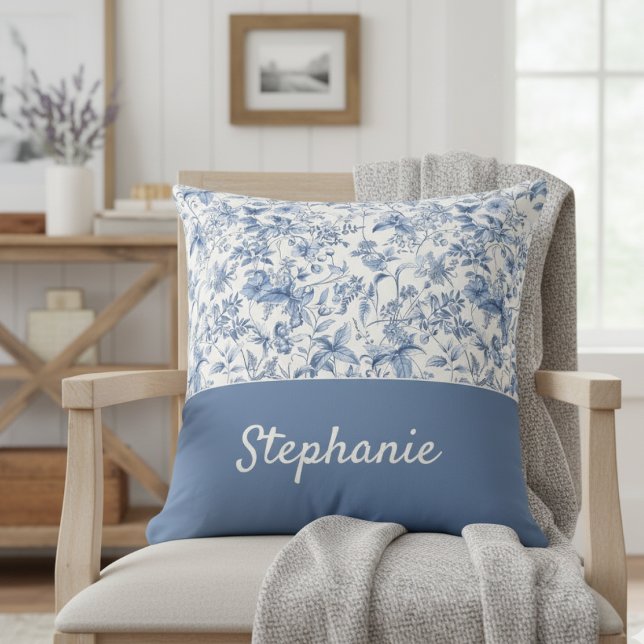 Blauw Vintage Bloem Motief Monogram Kussen (Creator heeft geüpload)