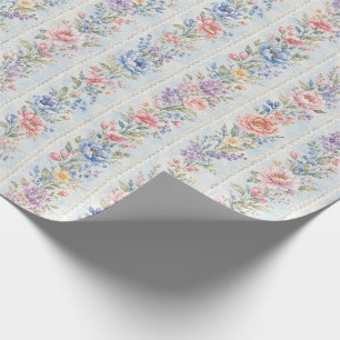 Blauw Vintage Bloem Streep Waterverf Cadeau Cadeaupapier