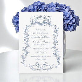 Blauw vintage bloemboog trouwuitnodiging kaart