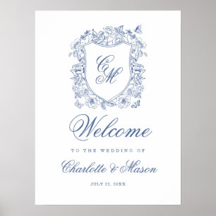 Blauw Vintage Bloemenkamppement Trouw Monogram Wel Poster