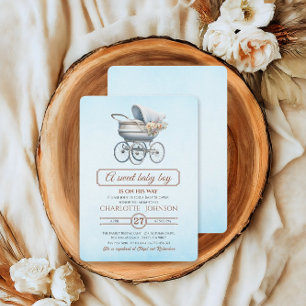 Blauw Vintage Bloemenkinderwagen Baby Shower Kaart