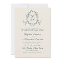 Blauw Vintage Bloemige Monogram Trouwkaart