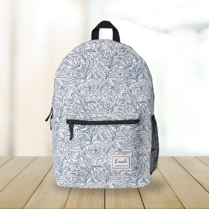 Blauw Vintage Bloemmotief Aangepast Script Naam Bedrukte Rugzak