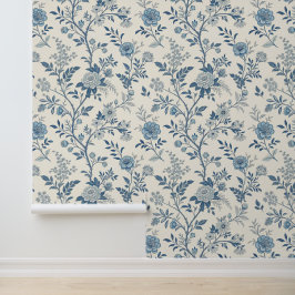 Blauw Vintage Bloemmotief Behang