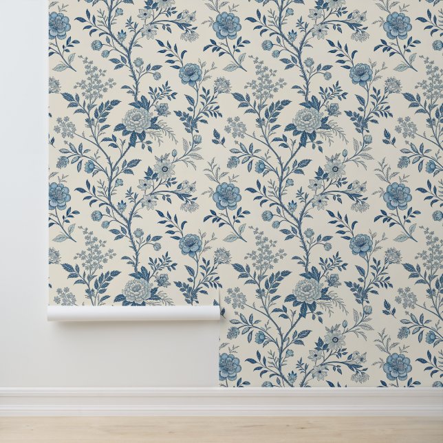 Blauw Vintage Bloemmotief Behang (Applicatie)