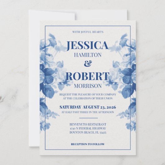 Blauw Vintage Bloemmotief Chinoiserie Geïnspireerd Kaart (Voorkant)