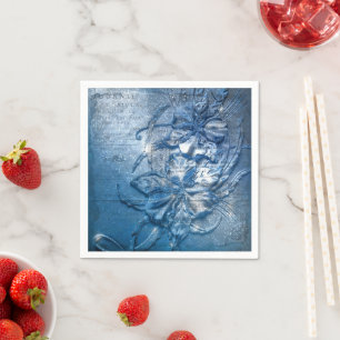 Blauw Vintage Bloemmotief met Glitter reliëf Servet