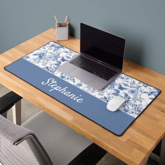 Blauw Vintage Bloemmotief met Monogram Bureaumat (Kantoor 2)