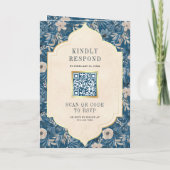 Blauw Vintage Bloemmotief QR Code Indiase Trouwdag (Achterkant)