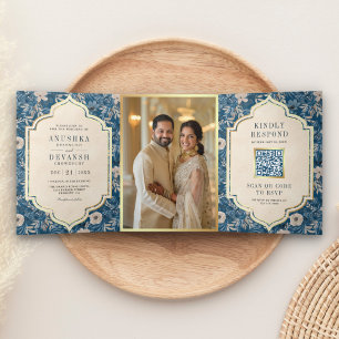 Blauw Vintage Bloemmotief QR Code Indiase Trouwdag Drieluik Uitnodiging