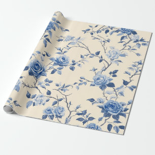 Blauw Vintage Bloemmotief Toile (6) Cadeaupapier