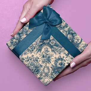 Blauw Vintage Bloemmotief Toile de Jouy Cadeaupapier