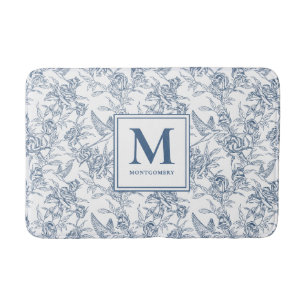 Blauw Vintage Bloemmotief Toile de Jouy Frans Mono Badmat