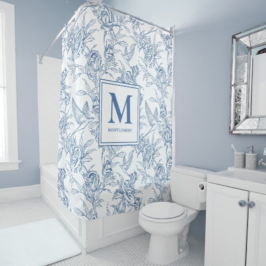Blauw Vintage Bloemmotief Toile de Jouy Frans Mono Douchegordijn
