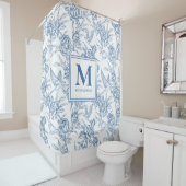 Blauw Vintage Bloemmotief Toile de Jouy Frans Mono Douchegordijn (In situ)