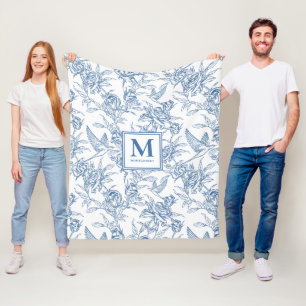Blauw Vintage Bloemmotief Toile de Jouy Frans Mono Fleece Deken