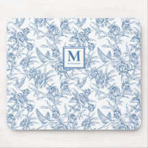 Blauw Vintage Bloemmotief Toile de Jouy Frans Mono