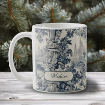 Blauw Vintage Bloemmotief Toile de Jouy Monogram