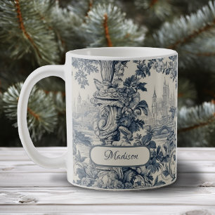 Blauw Vintage Bloemmotief Toile de Jouy Monogram Koffiemok