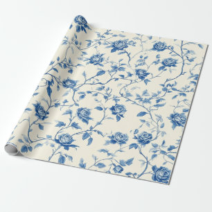 Blauw Vintage Bloemmotief Toile Patroon (3) Cadeaupapier