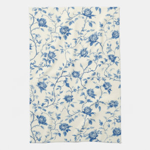 Blauw Vintage Bloemmotief Toile Patroon (3) Theedoek