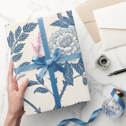 Blauw Vintage Bloempatroon Cadeaupapier (Geschenken)