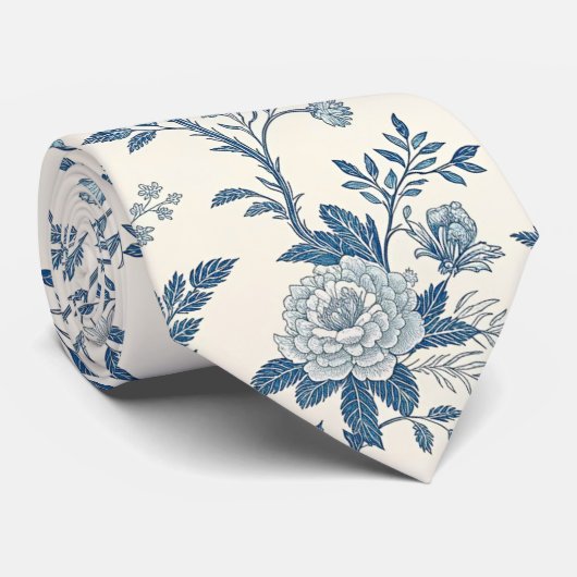 Blauw Vintage Bloempatroon Stropdas (Opgerold)