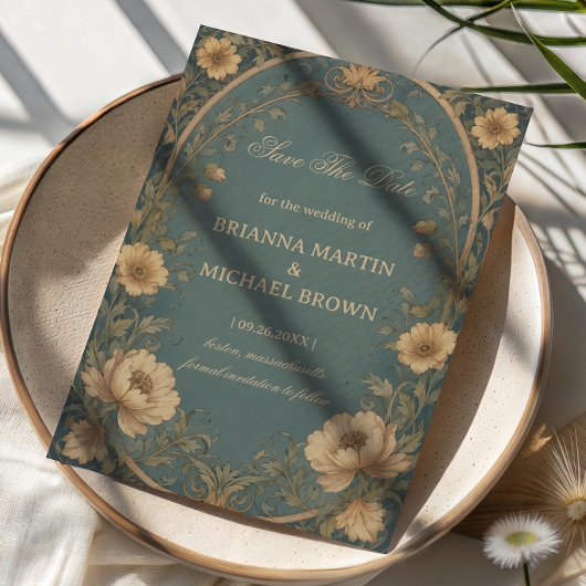 Blauw Vintage Botanisch Save The Date