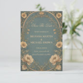 Blauw Vintage Botanisch Save The Date (Staand voorkant)