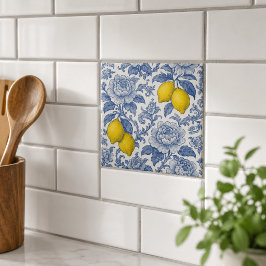 Blauw vintage citroen botanisch patroon tegeltje