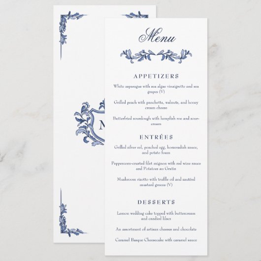 Blauw Vintage Crest Monogram Elegante Trouw Menu (Voorkant / Achterkant)