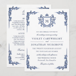 Blauw Vintage Crest Monogram Huwelijk 2 in 1 Detai Kaart