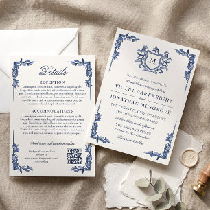 Blauw Vintage Crest Monogram Huwelijk 2 in 1 Detai Kaart