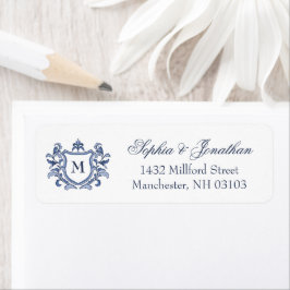 Blauw Vintage Crest Monogram Huwelijk Etiket