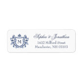 Blauw Vintage Crest Monogram Huwelijk Etiket (Voorkant)
